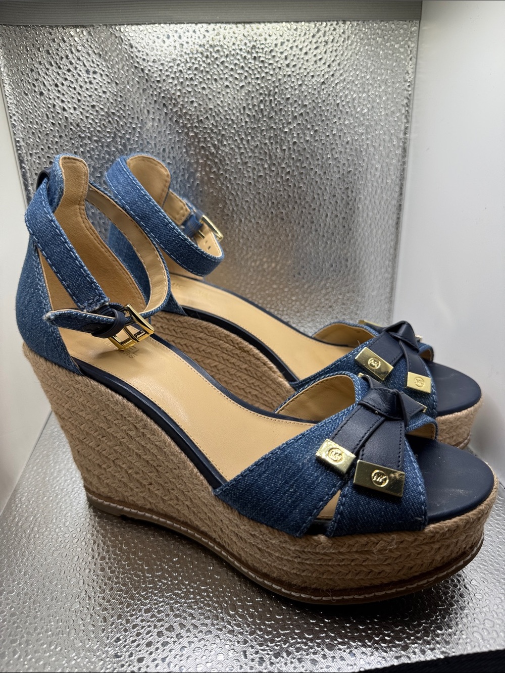 Michael Kors Ripley Wedge Espadrille Sandals Leather Gold or Denim Women’s 8